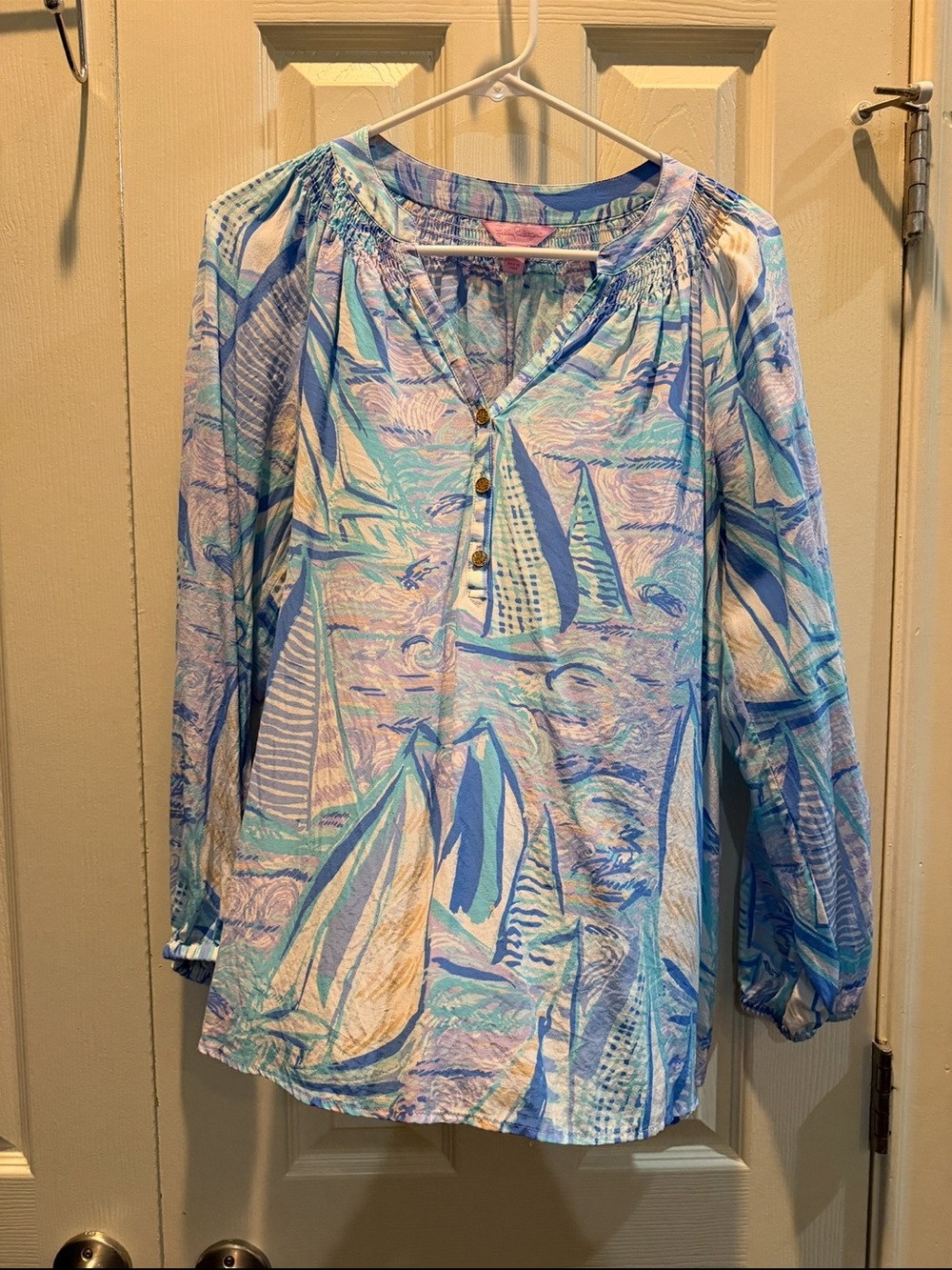 Lilly Pulitzer Blue & White Sailboat Button-Front Peasant Blouse